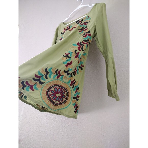 Bohemian Tunic Top Blouse Women's Size 14 Green Multicolor Floral Embroidered - Picture 6 of 11